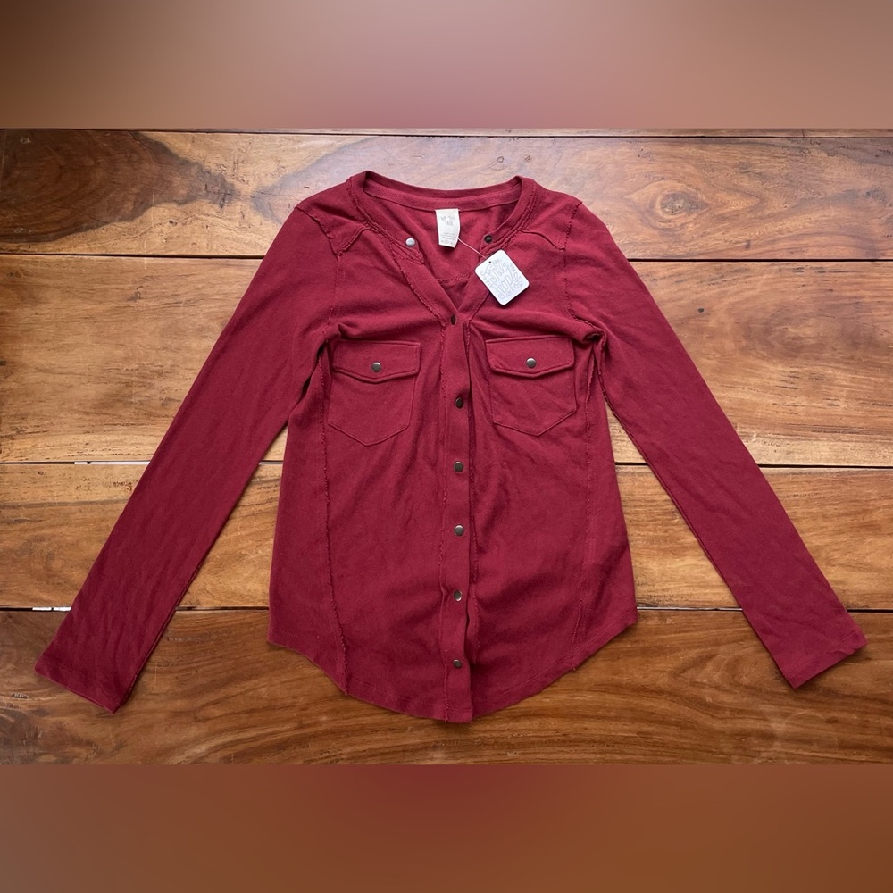 NWT Free People We the Free Starlight Henley Top in Wine Red, Size XS